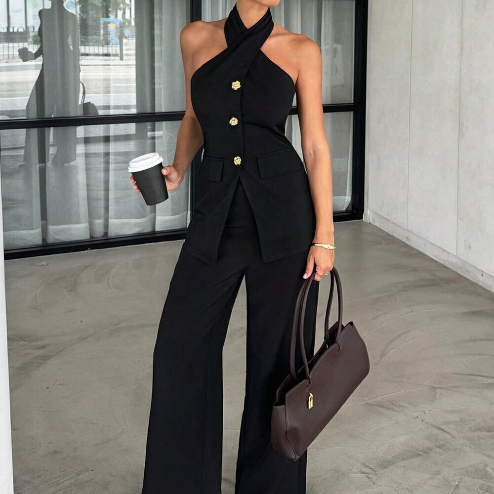 Black Casual Chic Women's Two Piece Top and Pants Office Set